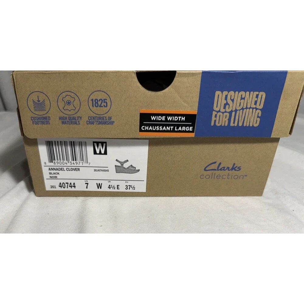 NEW NIB CLARKS Annadel Clover Wedge Sandal Size 7 WIDE Black Leather Shoes Women